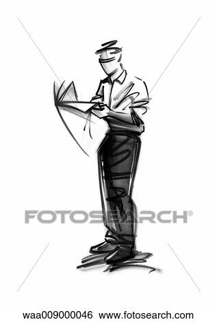 Stock Illustration - drawing, black and white, illustration, businessman, news, reading, finances. Fotosearch