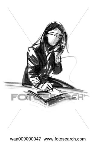 Stock Illustration - drawing, black and white, illustration, secretary, secretariat, telephone, to communicate. Fotosearch