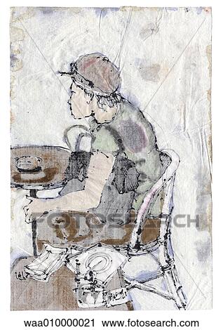 Clip Art - coffee, illustration, bar, coffee, sat at table, waiting. Fotosearch