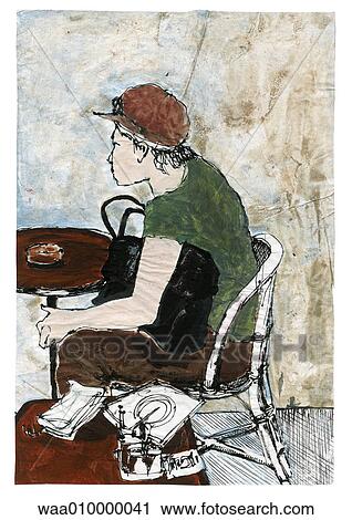 drawing, illustration, bar, coffee, sat at table, waiting View Large Illustration Clip Art - drawing, illustration, bar, coffee, sat at table, waiting. Fotosearch