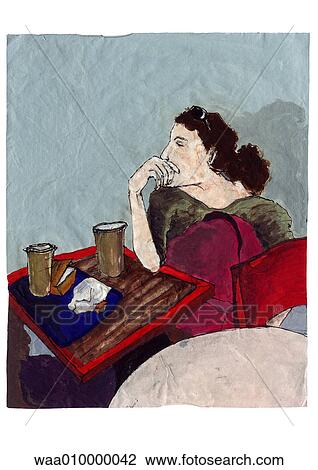 Drawing - drawing, illustration, bar, coffee, sat at table, waiting. Fotosearch