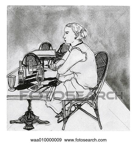 drawing, illustration, bar, coffee, sat at table, waiting View Large Illustration Stock Illustration - drawing, illustration, bar, coffee, sat at table, waiting. Fotosearch