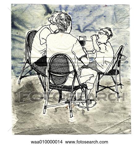 Stock Illustration - drawing, illustration, bar, coffee, sat at table, family, couple. Fotosearch