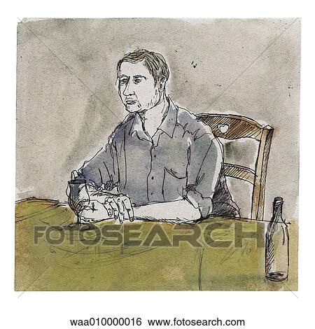 Stock Illustration - drawing, illustration, bar, coffee, sat at table, waiting. Fotosearch