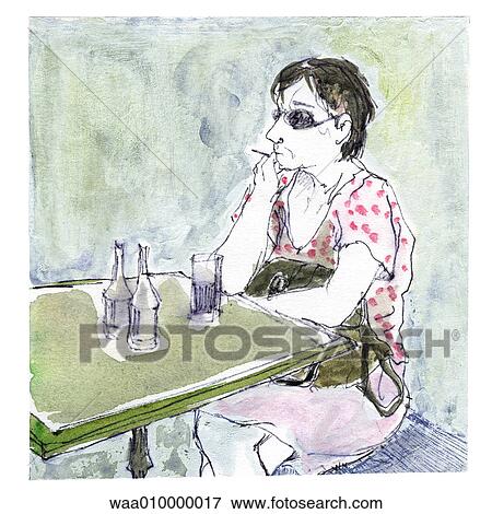 drawing, illustration, bar, coffee, sat at table, waiting View Large Illustration Stock Illustration - drawing, illustration, bar, coffee, sat at table, waiting. Fotosearch