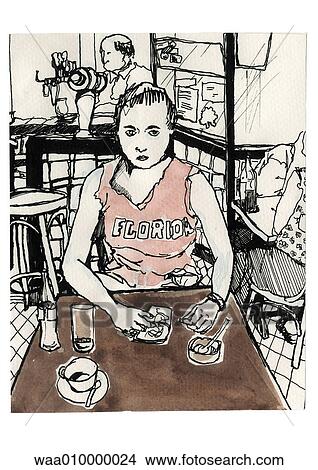 Stock Illustration - drawing, illustration, bar, coffee, sat at table, waiting. Fotosearch