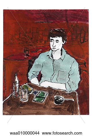 Stock Illustration - drawing, illustration, bar, coffee, sat at table, waiting. Fotosearch
