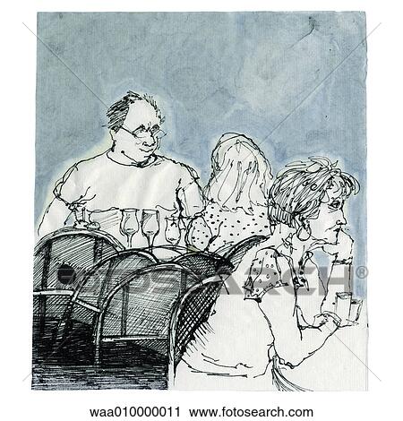 Clip Art - drawing, illustration, restaurant, sat at table, guests, invitation, meal. Fotosearch