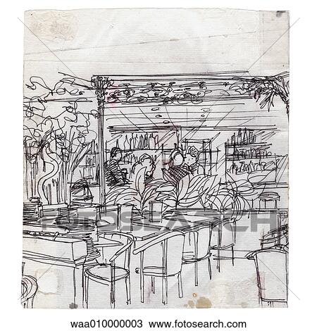 Drawing - drawing, illustration, restaurant, sat at table, guests, invitation, meal. Fotosearch