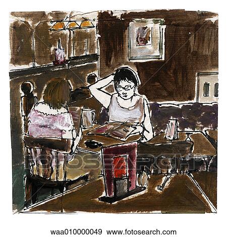 drawing, illustration, restaurant, sat at table, guests, invitation, meal View Large Illustration Stock Illustration - drawing, illustration, restaurant, sat at table, guests, invitation, meal. Fotosearch