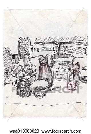 Drawing - drawing, illustration, table, breakfast, copious, abundance, morning. Fotosearch