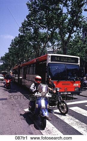 Blue Moped and Red Bus Barcelona Spain View Large Photo Image Stock Image - Blue Moped and Red Bus Barcelona Spain. Fotosearch