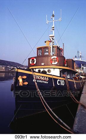 Blue Tug Boat Moored At Quayside Stock Image 093tr1 Fotosearch