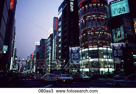 Stock Image - Night View of Ginza Tokyo Japan Asia. Fotosearch