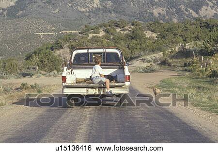 Stock Photograph - A boy in the back of a pickup truck chasing a dog. Fotosearch
