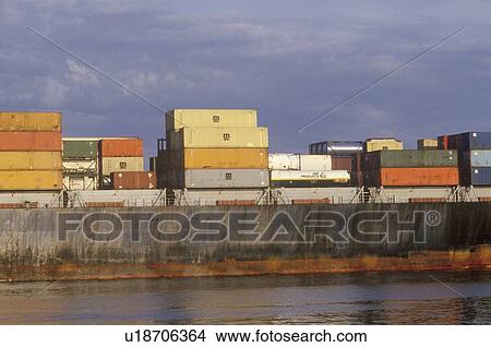 Picture -  A close-up of a cargo ship in Boston Harbor, Massachusetts. Fotosearch