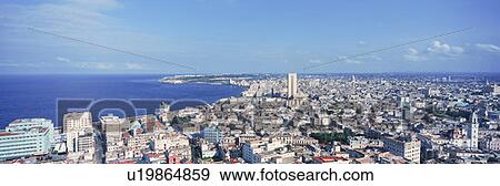 Stock Photo - A panoramic view of Havana, Cuba with ocean. Fotosearch