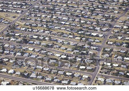 Stock Photo - Aerial view of desert suburban homes in Tucson, Arizona. Fotosearch
