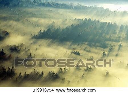 Picture - Aerial view of Morning fog and sunrise. Fotosearch