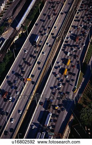 Stock Image - Aerial view of the Interstate Highway 90/94 during rush hour traffic. Fotosearch