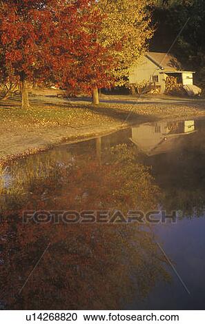 Stock Image - Autumn Trees Reflected in Water. Fotosearch
