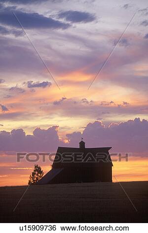Barn at sunset in silhouette View Large Photo Image Stock Photograph - Barn at sunset in silhouette. Fotosearch