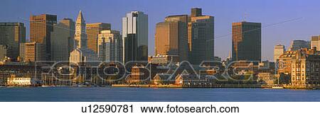 Stock Image - Boston Harbor from South Boston, Sunrise, Massachusetts. Fotosearch