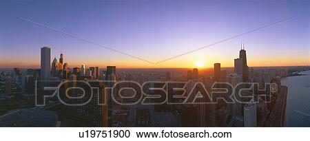 Chicago Sunset, Aerial View, Illinois View Large Photo Image Stock Image - Chicago Sunset, Aerial View, Illinois. Fotosearch