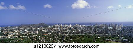 Stock Photo - City of Honolulu and Diamond Head Volcano, Oahu, Hawaii. Fotosearch