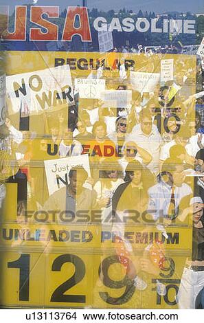 Picture - Collage of gasoline prices and protest signs. Fotosearch