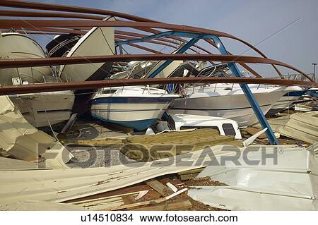 Picture - Collapsed boat storage facility from Hurricane Ivan storm in Pensacola Florida. Fotosearch