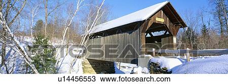 Stock Image - Covered Bridge, Stowe, Winter, Vermont. Fotosearch