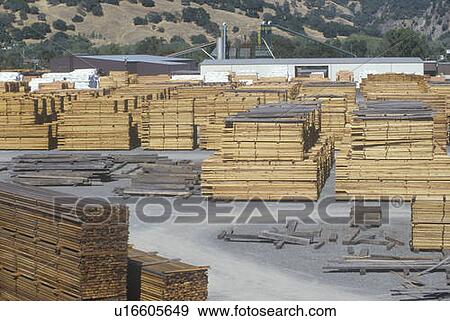 Stock Photo - Cut lumber stacked at a lumber mill. Fotosearch