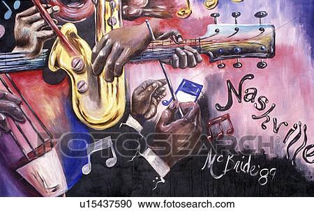 Stock Image - Detail of mural depicting music scene. Fotosearch