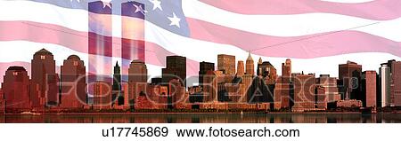 Digital composite: Manhattan skyline, American flag, World Trade Center Light Memorial View Large Photo Image Stock Photo - Digital composite: Manhattan skyline, American flag, World Trade Center Light Memorial. Fotosearch