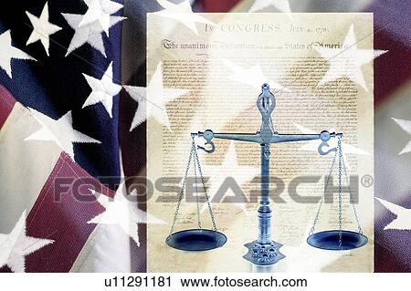 Stock Image - Digital composite: Scales and the Declaration of Independence . Fotosearch