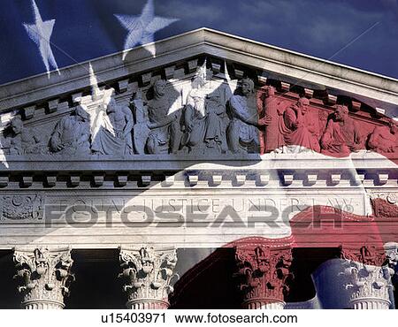Stock Image - Digital composite: Supreme Court Building and American flag. Fotosearch