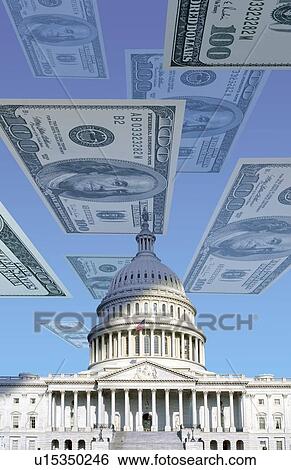 Stock Photograph - Digital composite: U. S. Capitol with floating one hundred dollar bills. Fotosearch