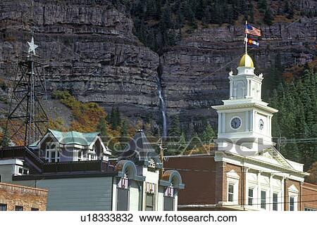 Stock Image - Downtown Ouray CO with flag flying. Fotosearch