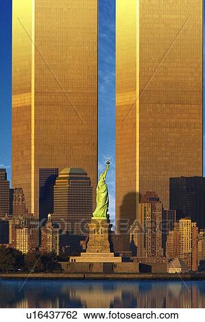 Stock Image - Enlarged World Trade Center behind Statue of Liberty. Fotosearch