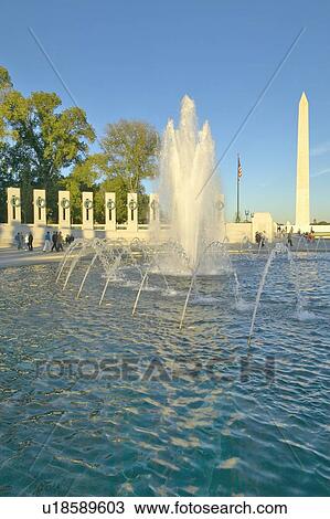 Stock Image - Fountains at the U. S. World War II Memorial commemorating World War II in Washington D. C. . Fotosearch