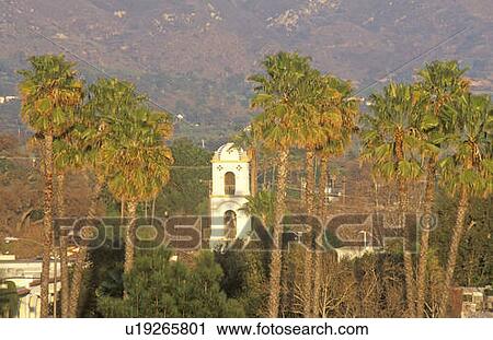 Stock Image - Historic Post Office and palm trees in Ojai, California. Fotosearch