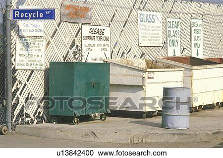 Stock Image - Informational signs to drop-off areas for recycling. Fotosearch