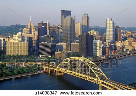 Stock Photo - Liberty Bridge over Monongahela River at sunset with Pittsburgh skyline, PA. Fotosearch