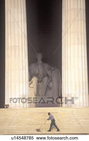 Stock Photography - Lincoln Memorial with African-American Janitor Cleaning Steps. Fotosearch