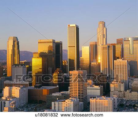 Stock Image - Los Angeles Skyline a Dusk, California. Fotosearch