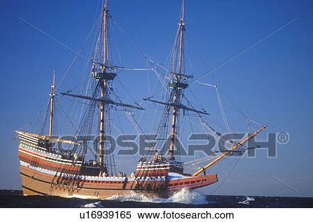 Stock Photography - Mayflower II Replica on sea, Massachusetts. Fotosearch