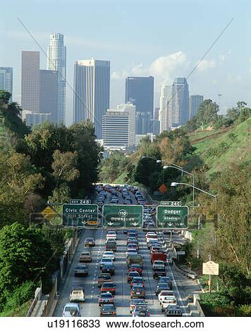 Stock Image - Morning rush hour traffic into downtown Los Angeles. Fotosearch