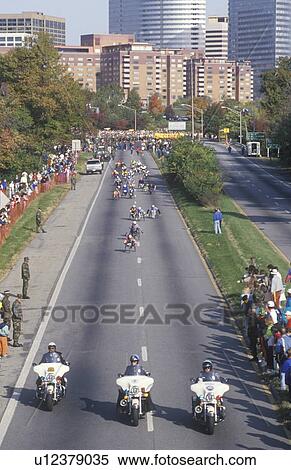 Stock Photography - Motorcycle policemen at beginning of marathon, Washington, D. C.. Fotosearch