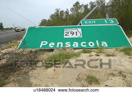Picture - Pensacola road sign blown down from Hurricane Ivan in Pensacola Florida. Fotosearch